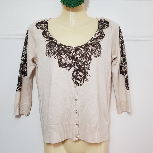 ONE WORLD Beige Embellished Cardigan Sweater Top Small S - Picture 3 of 7